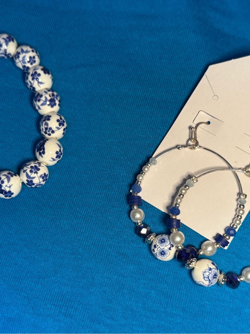 Blue Floral Bead Hoop Earrings and Bracelet Set